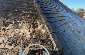 Traitement d’une toiture au d’Alep 2100 par pulvérisation garantie5 ans lieux Le Bosc-Roger-en-Roumois 